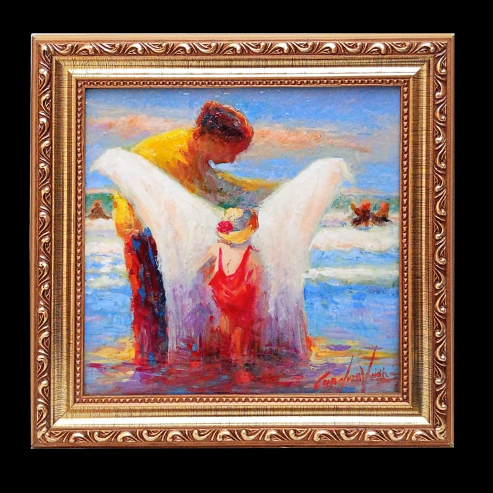 Pintura a óleo Branca Toalha por Cardozo Vieira - Mãe secando filha na praia, impressionismo